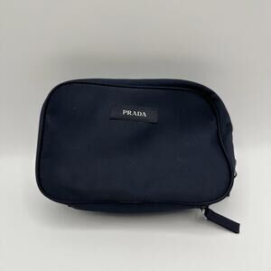 Prada Navy Blue Satin Textile Pouch Cosmetic/Makeup Bag Double Zipper